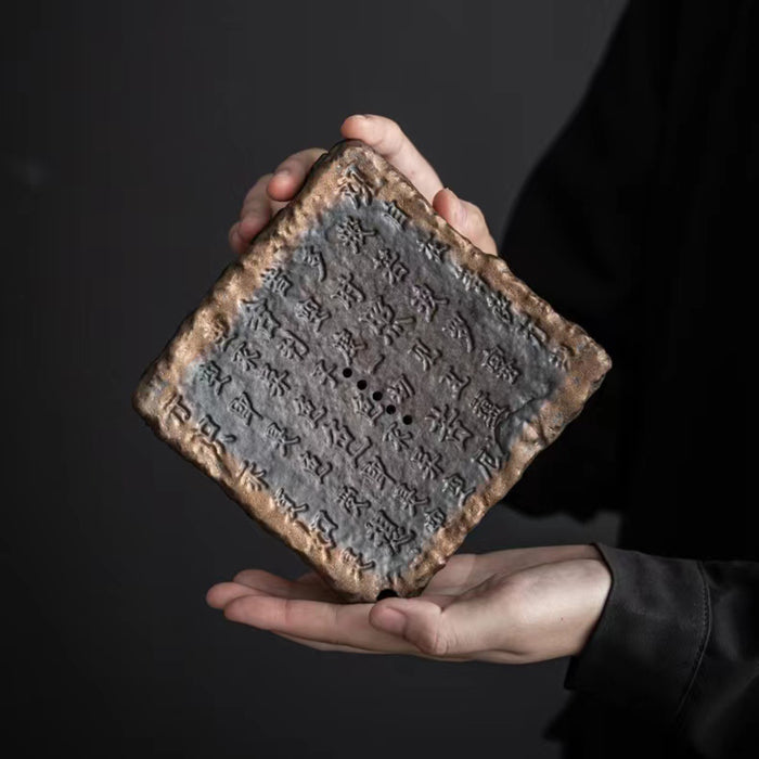 Heart Sutra Tea Tray - Handmade Coarse Pottery Terracotta Drainage Gongfu Tea Tray